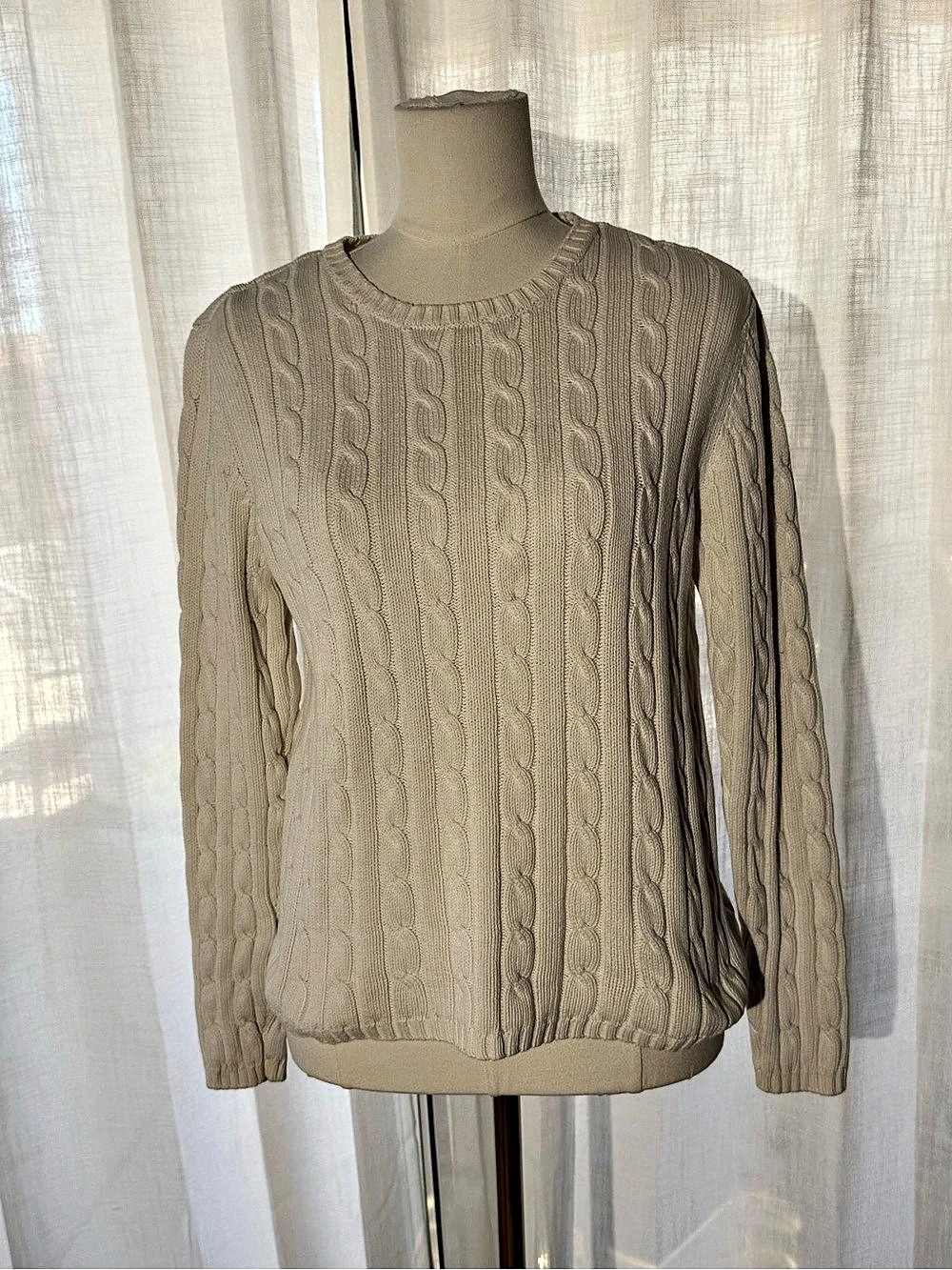 IZOD Womens Cable Knit Sweater Large Cream Ivory 100 Cotton Crewneck Pullover